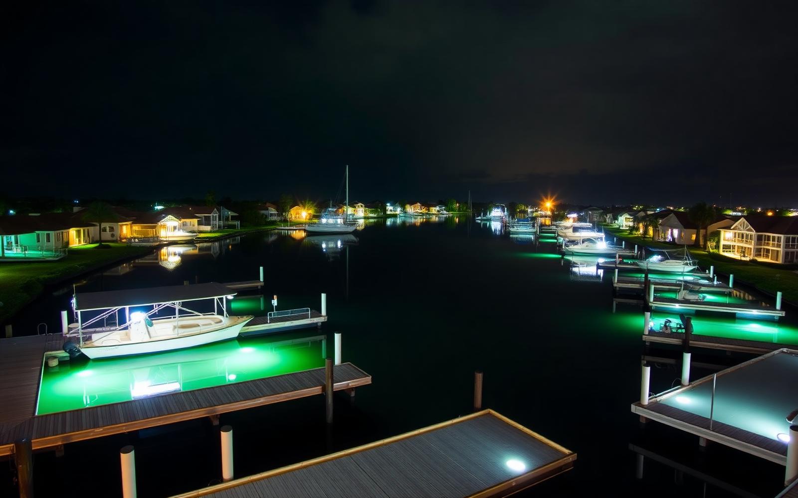 Canal community with multiple docks glowing green over calm water