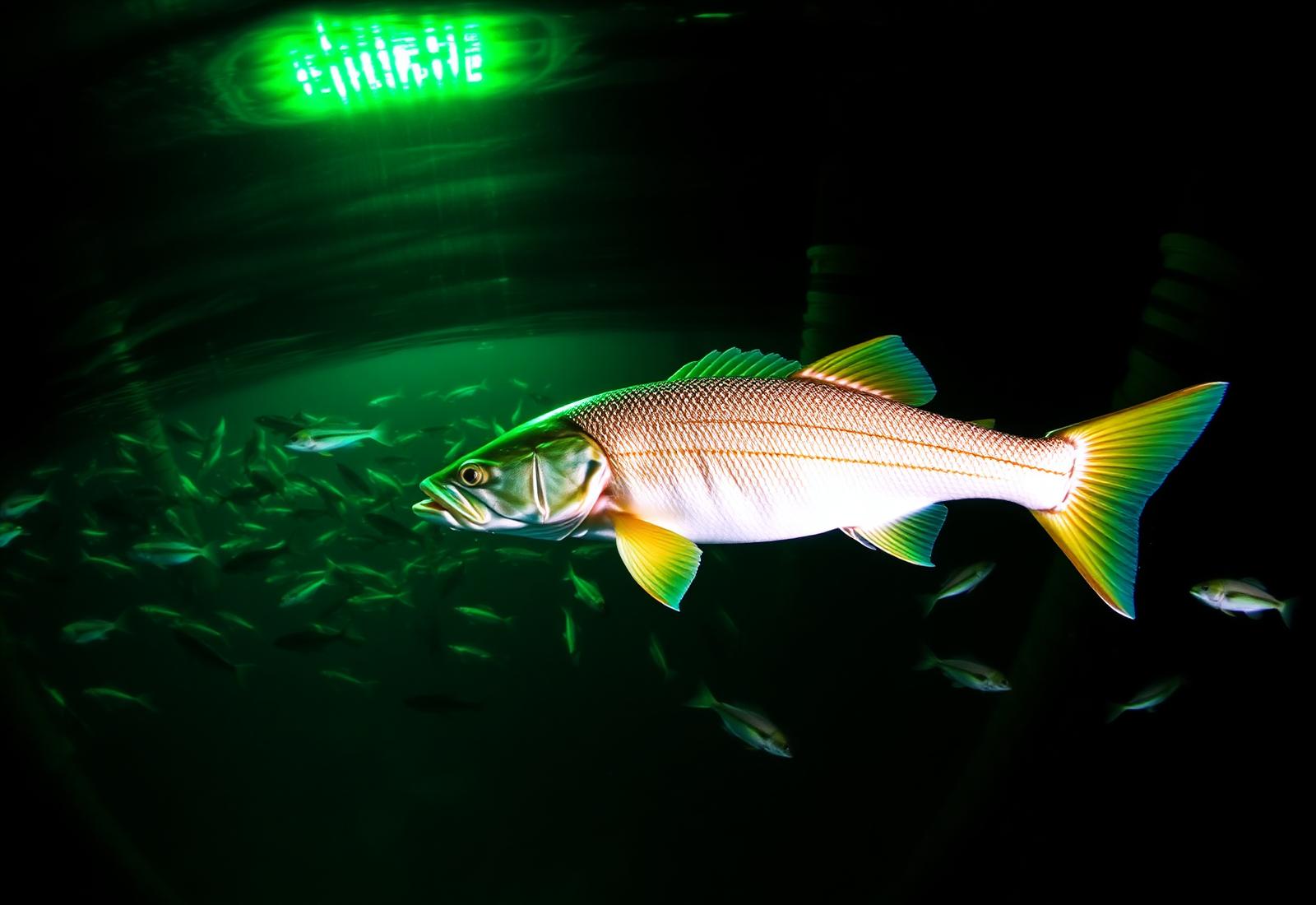 A snook holding in the green glow of an underwater dock light surrounded by baitfish